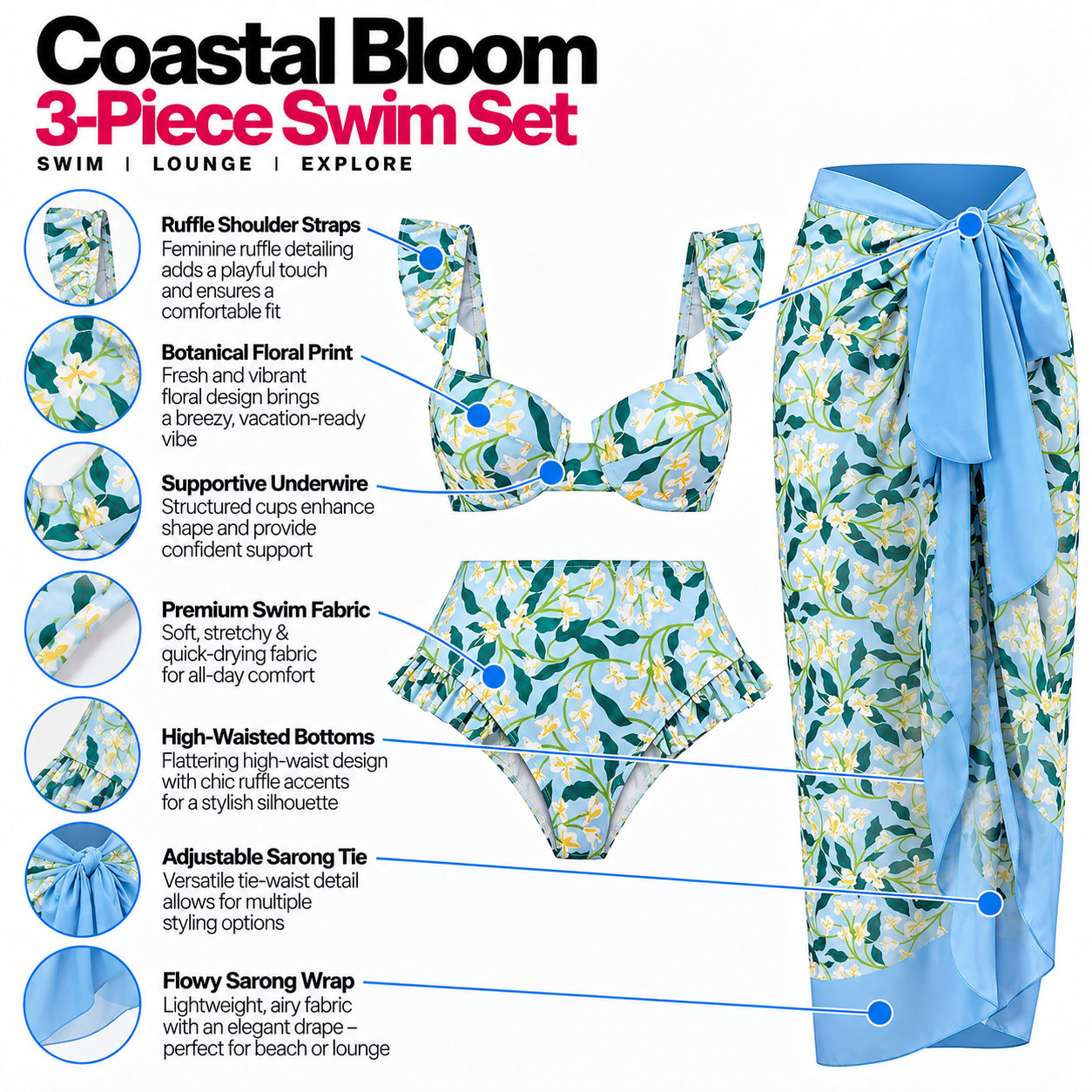 Floral Three Piece Bikini Set