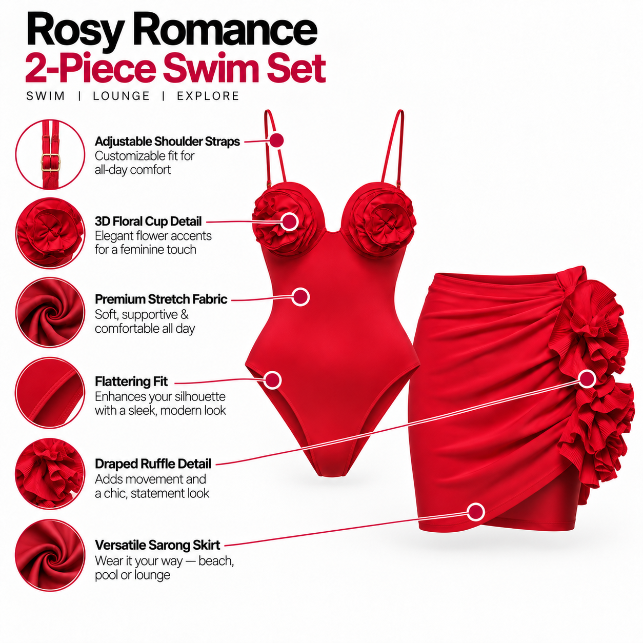 Rose Ruffle Monokini with Skirt Set