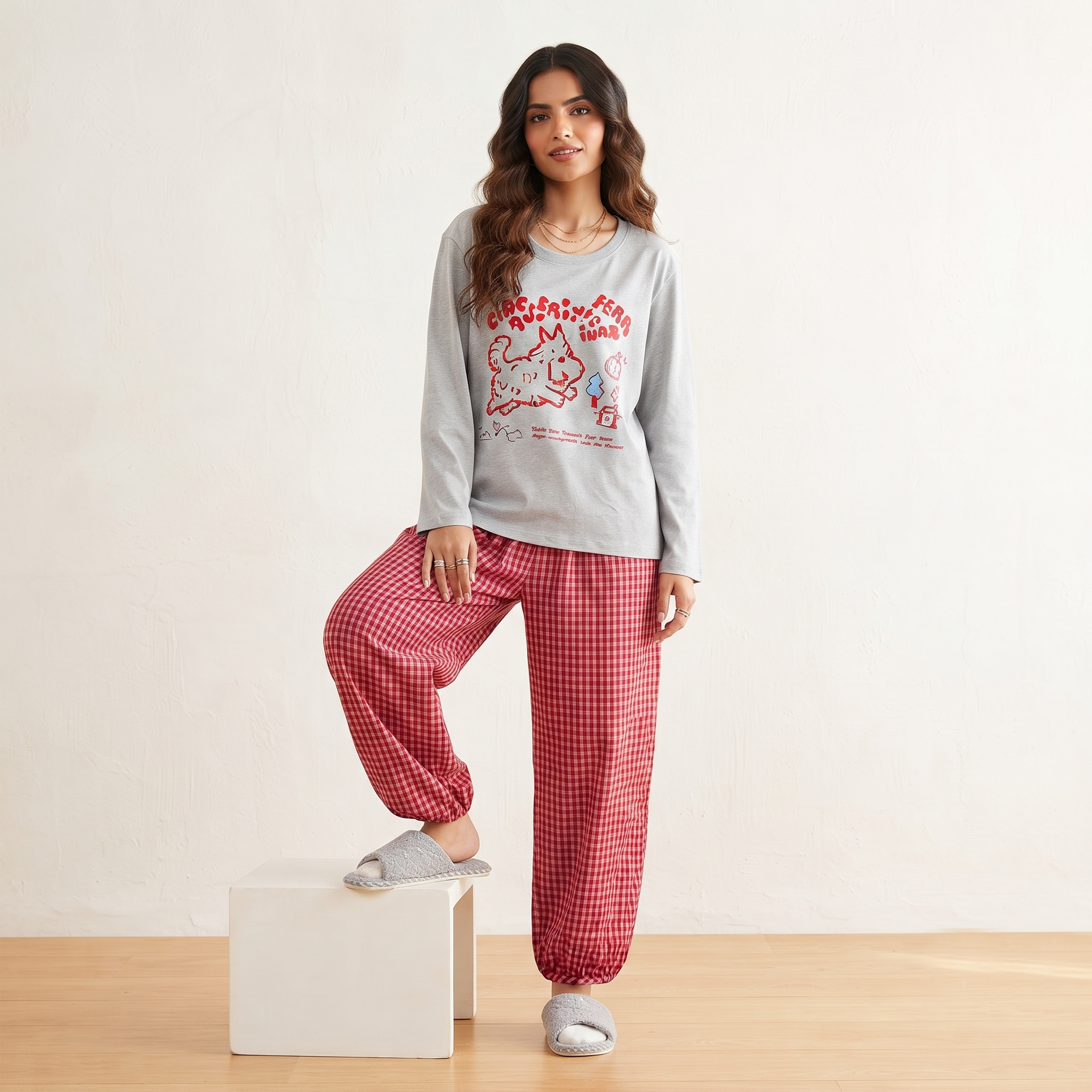 Cranberry Checks Padded Nightsuit Set