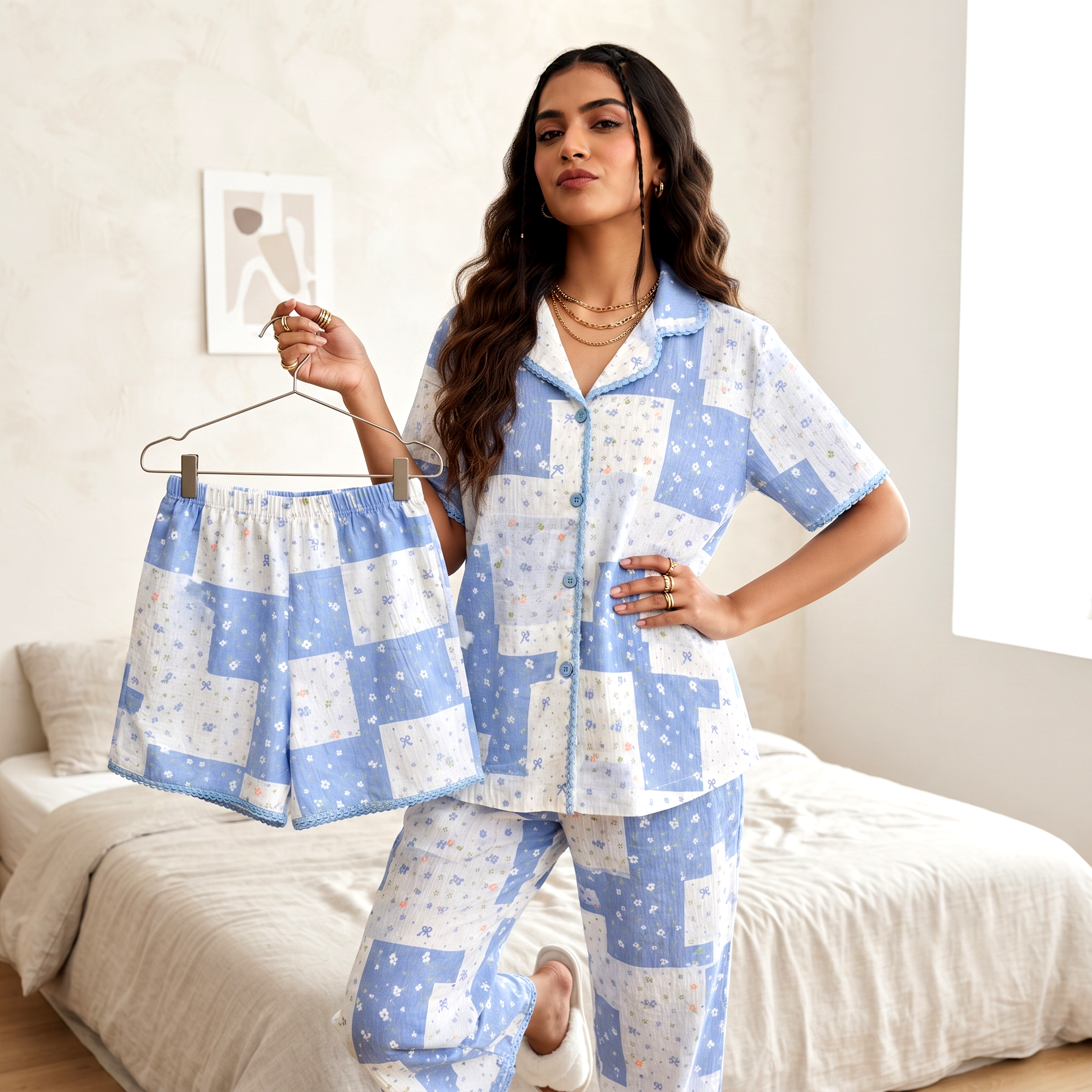 Petals & Box Padded Nightsuit -3pc set