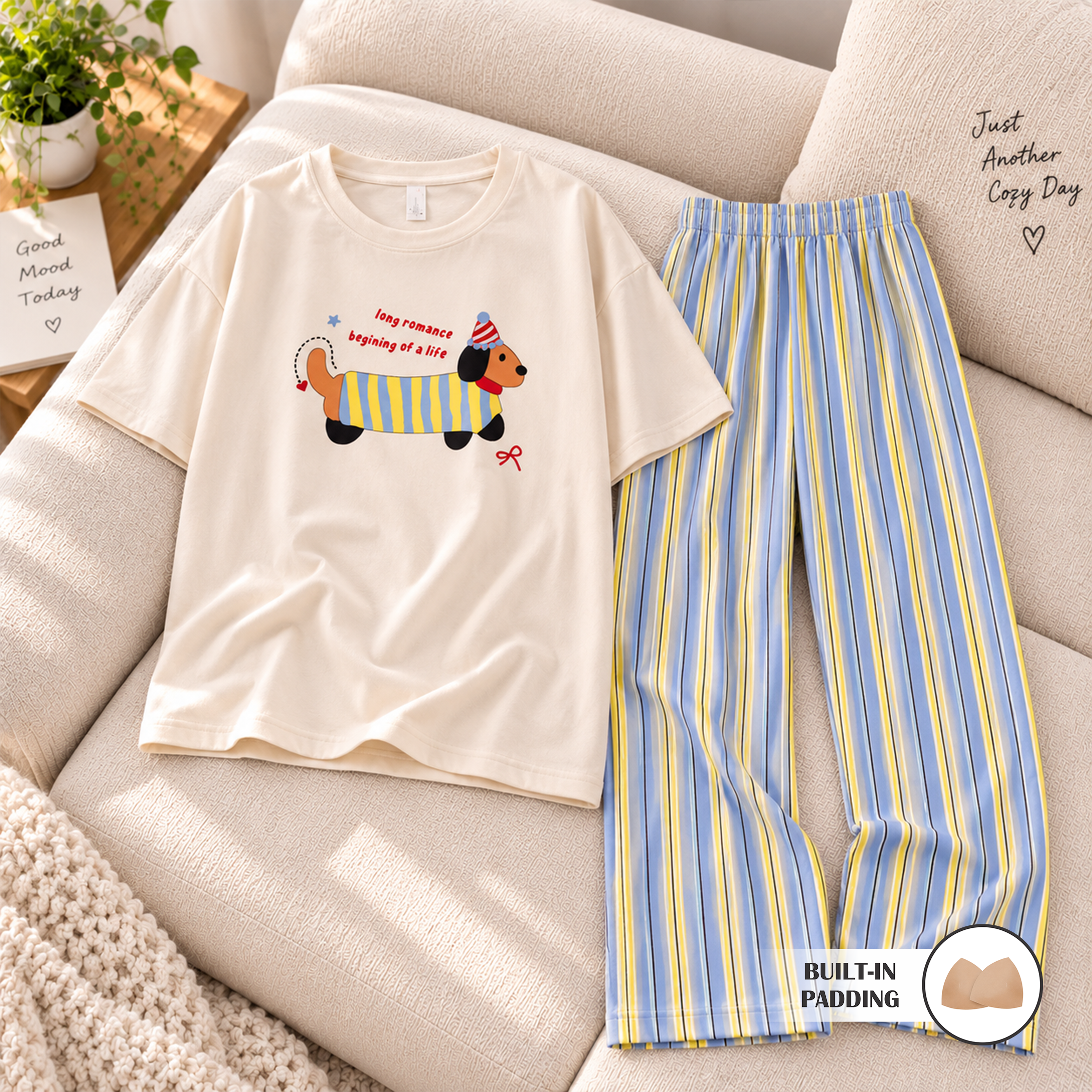 Lazy Day Pup Stripe Padded Nightsuit Set