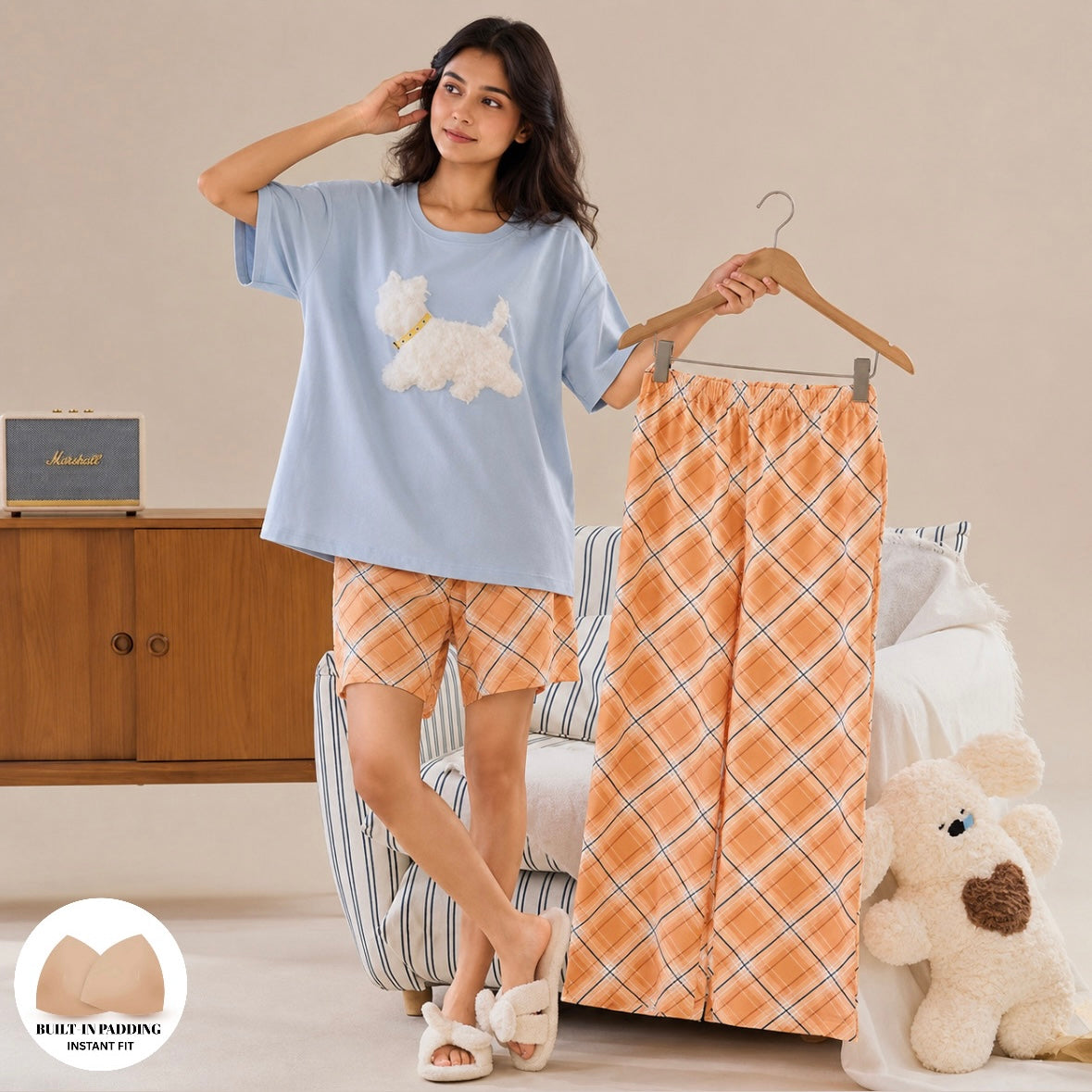 Peach Check Padded Nightsuit Set- 3pc Set