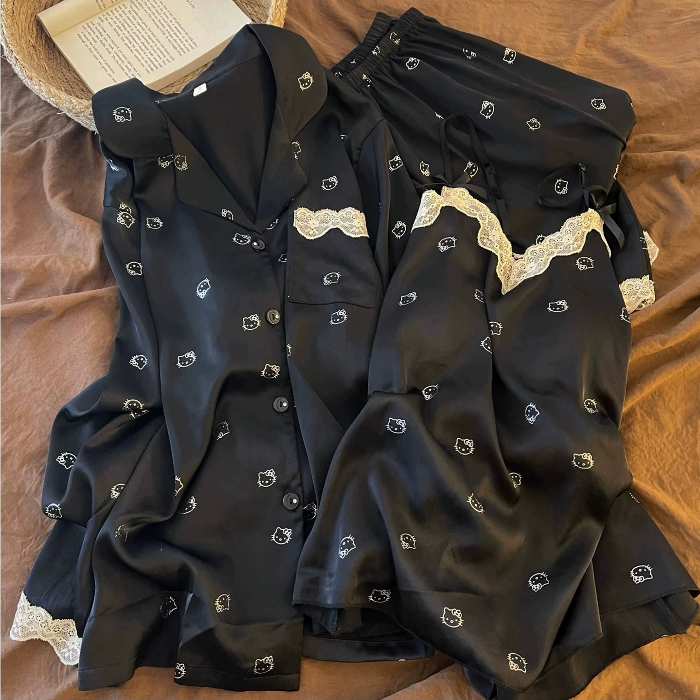 Black Cat Satin Padded Nightsuit - 4pc Set