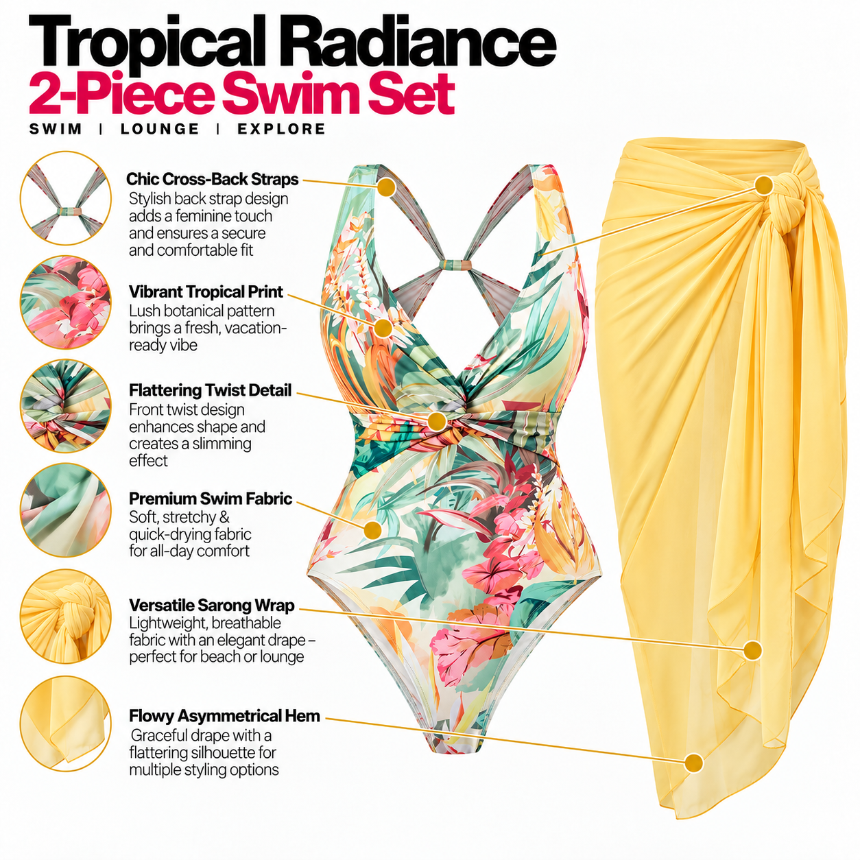 Apricot Floral Print One Piece With Wrap Skirt