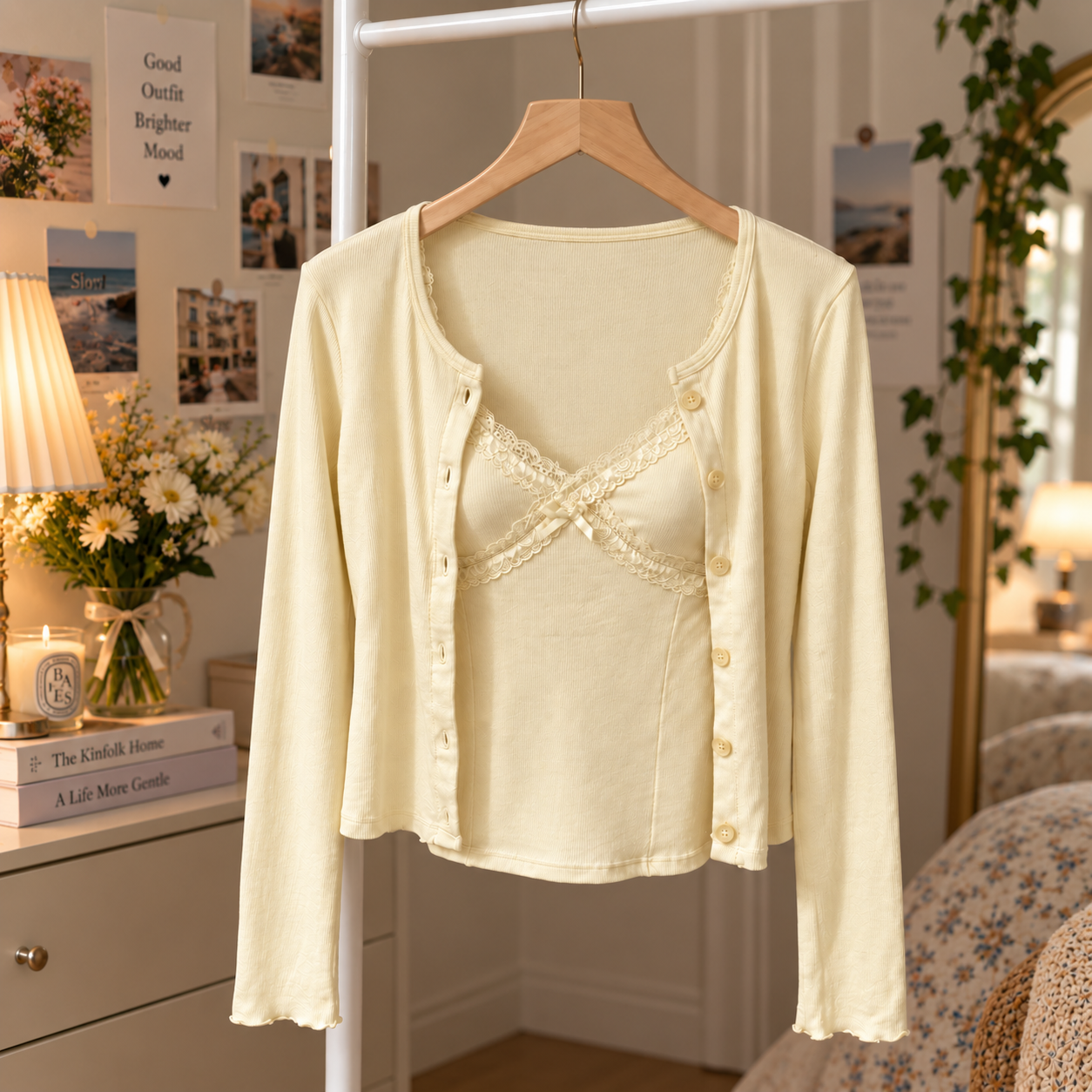 Sweetheart Lace Trim Built-in Cami With Cardigan