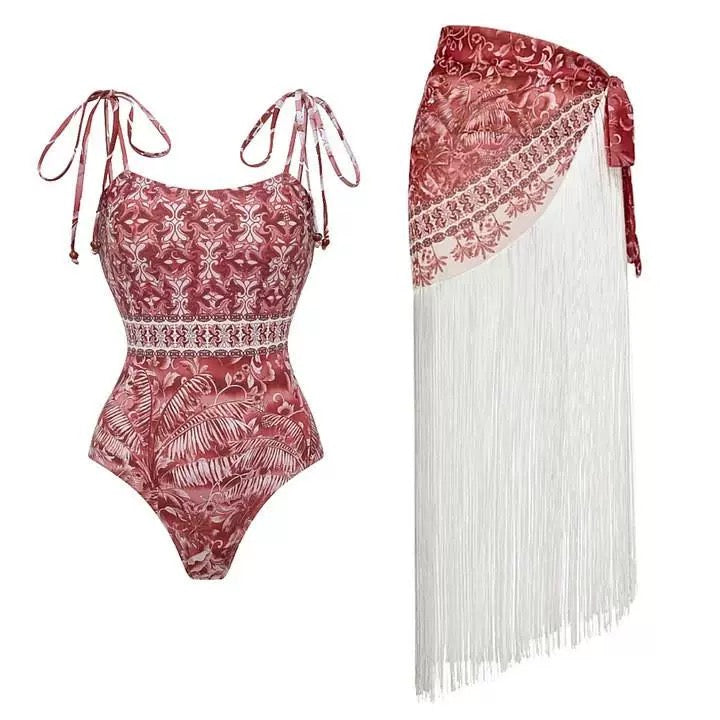 Blush Mirage Fringe Monokini With Sarong Set