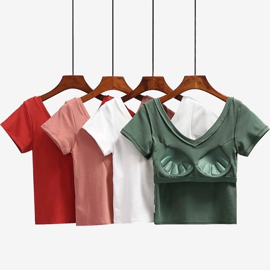 Cassie Built-In Bra V-Neck T-shirt