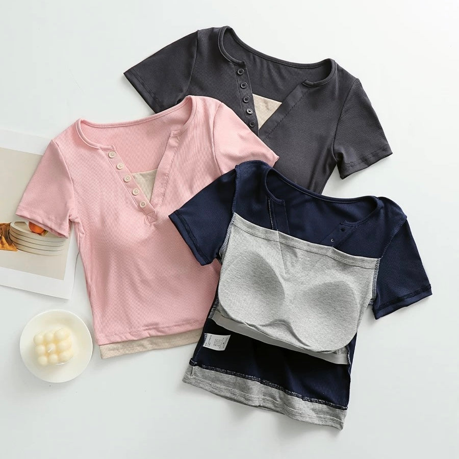 Ozark Buttoned Built-In Bra T-shirt