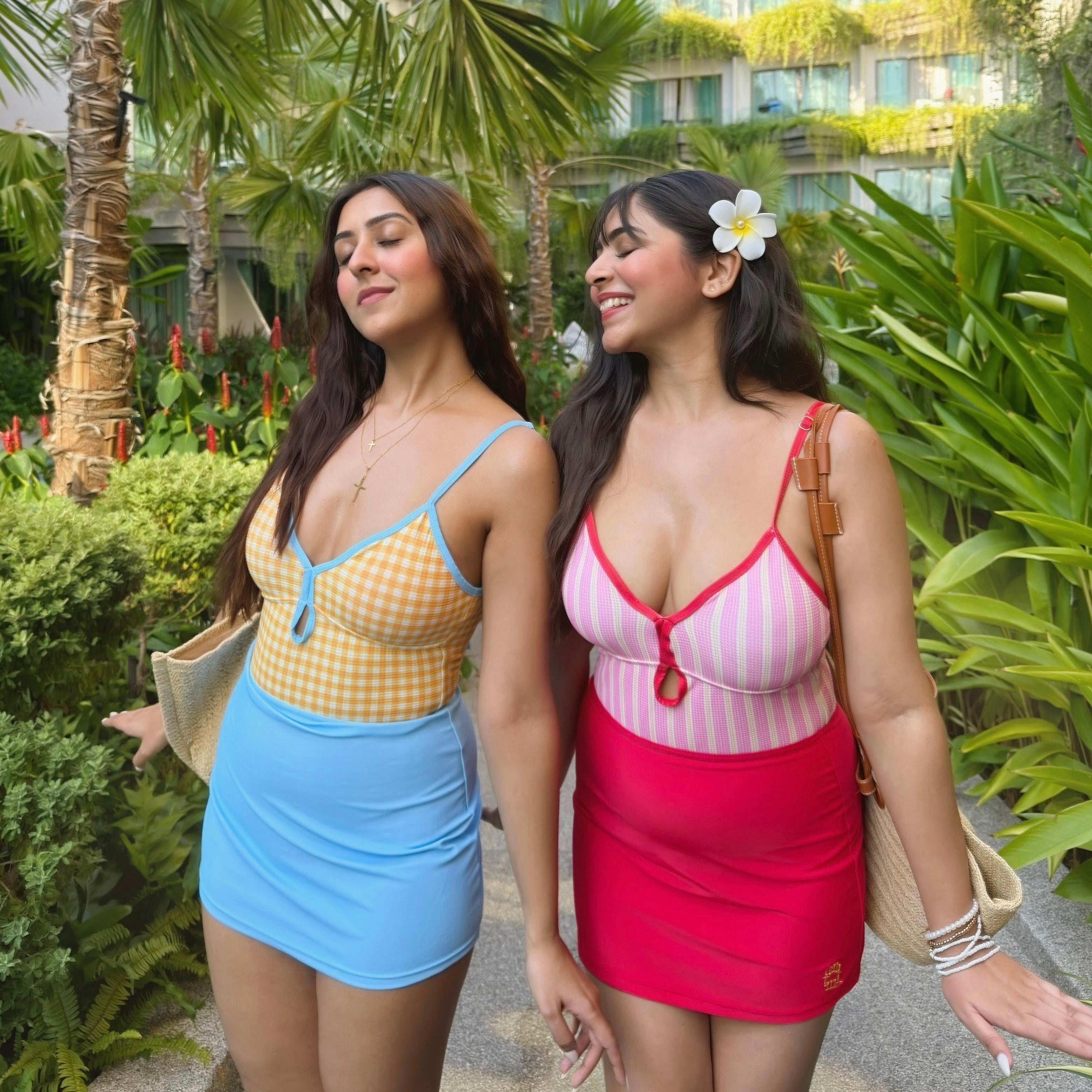 Rose Stripe Monokini With Skirt Set
