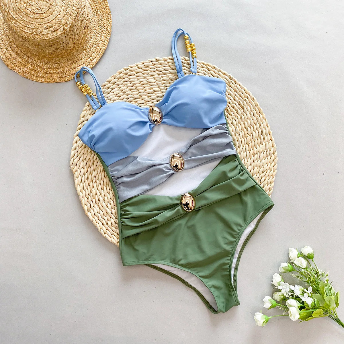 Colorblock Cutout One Piece Bikini And Skirt Set