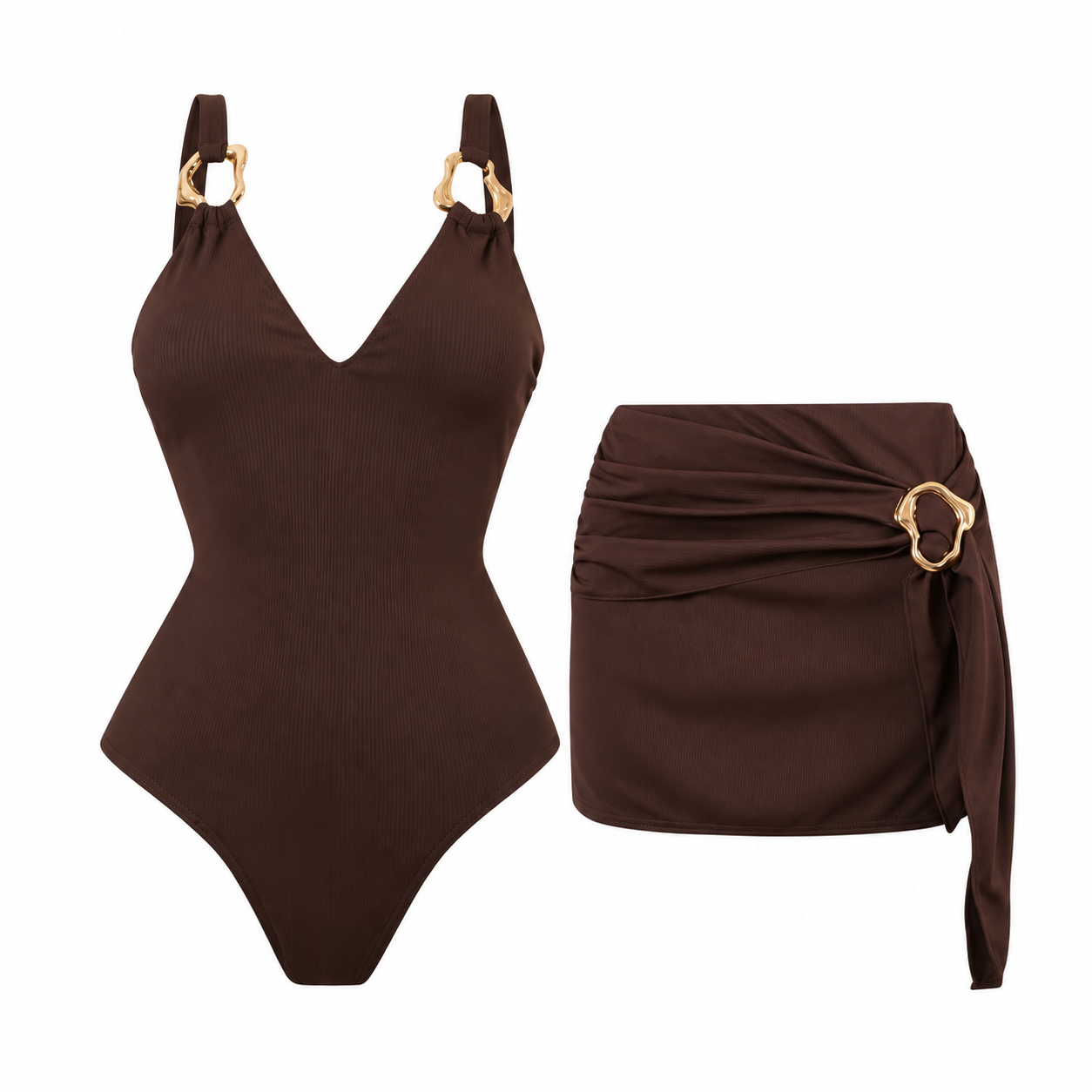 Dark Truffle Monokini With Skirt Set