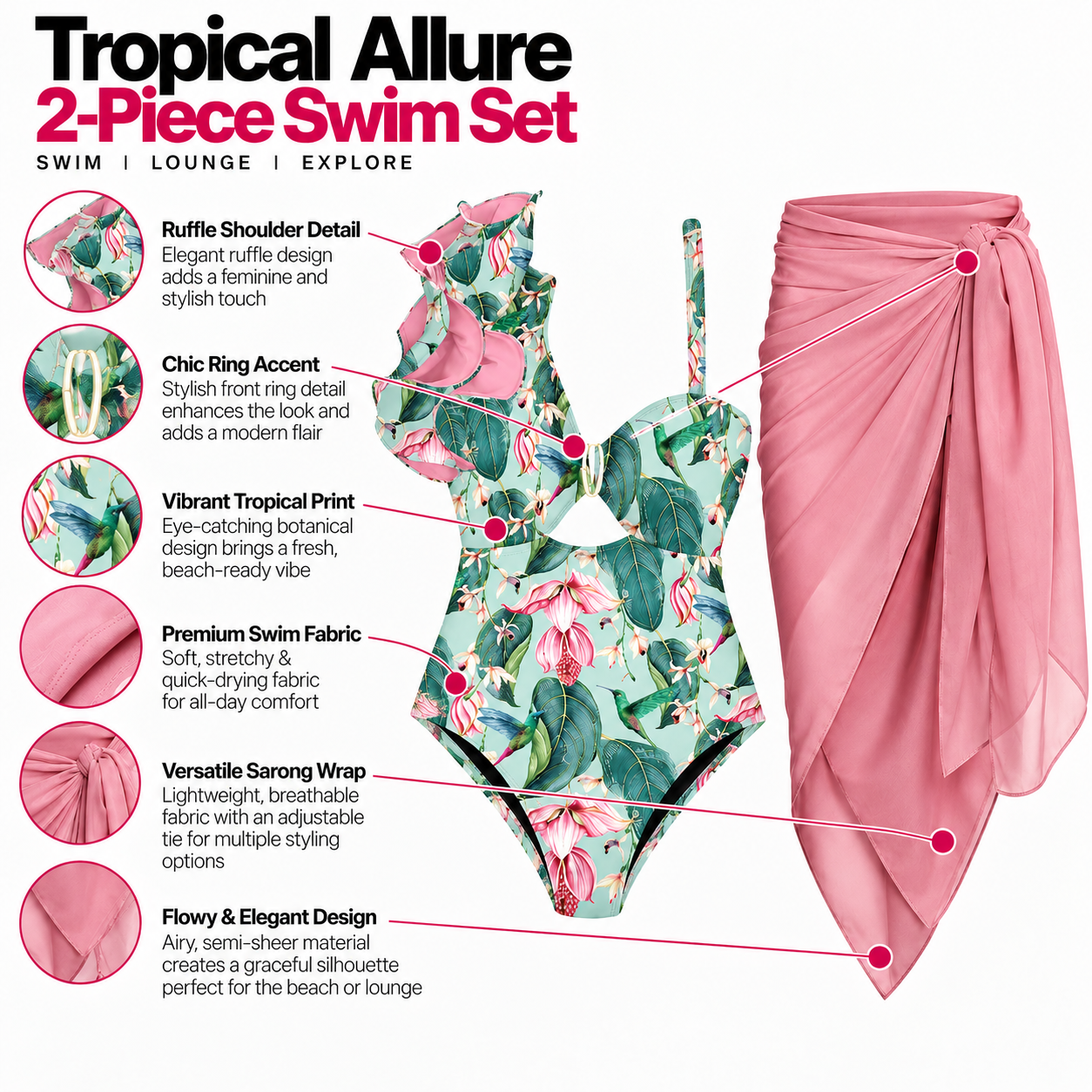 Lisa One Shoulder Ruffle Bikini And Sarong Set