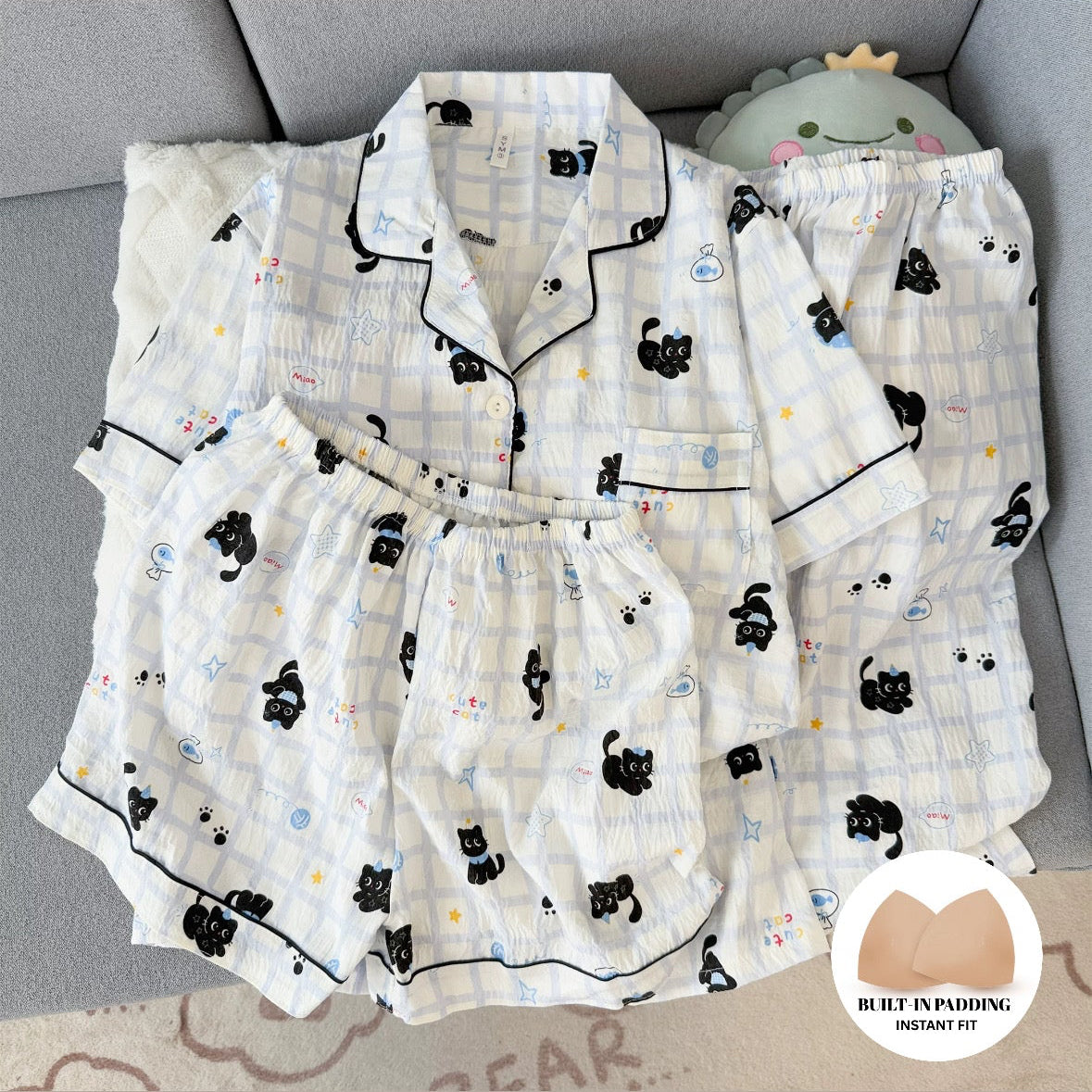 Black Whiskers Padded Nightsuit set