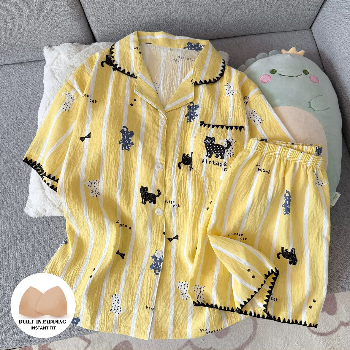 Butter Stripe Kitty Padded Nightsuit Set