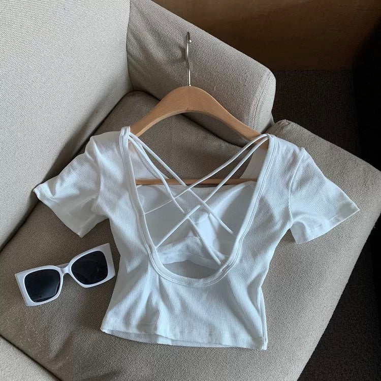 Aria Back Criss-Cross Built-In Bra Crop T-shirt