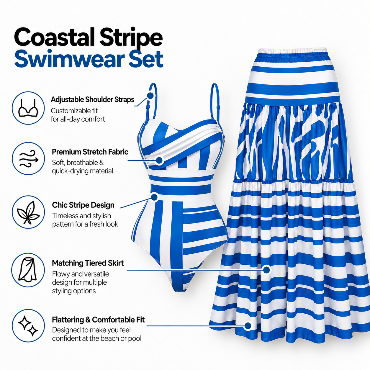 Marine Stripe  Monokini With Skirt Set