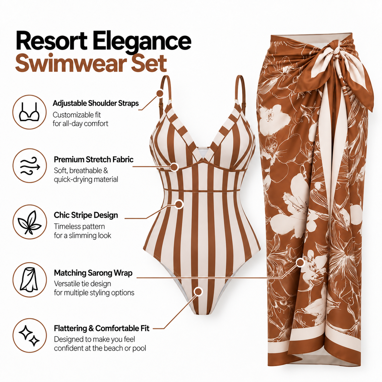Caramel Stripe Monokini With Sarong Set