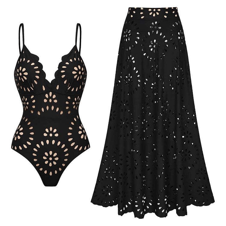 Black Cut-Out Monokini with Skirt Set
