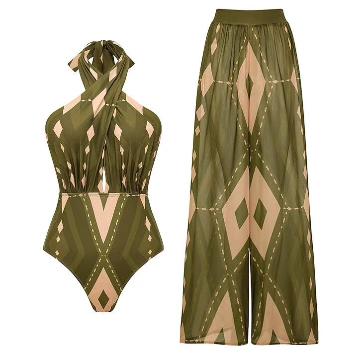 Olive Mirage Halter Monokini With Pant Set