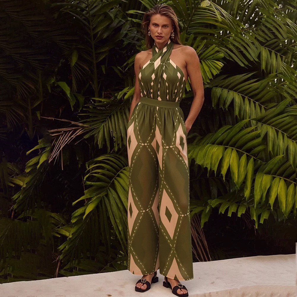 Olive Mirage Halter Monokini With Pant Set