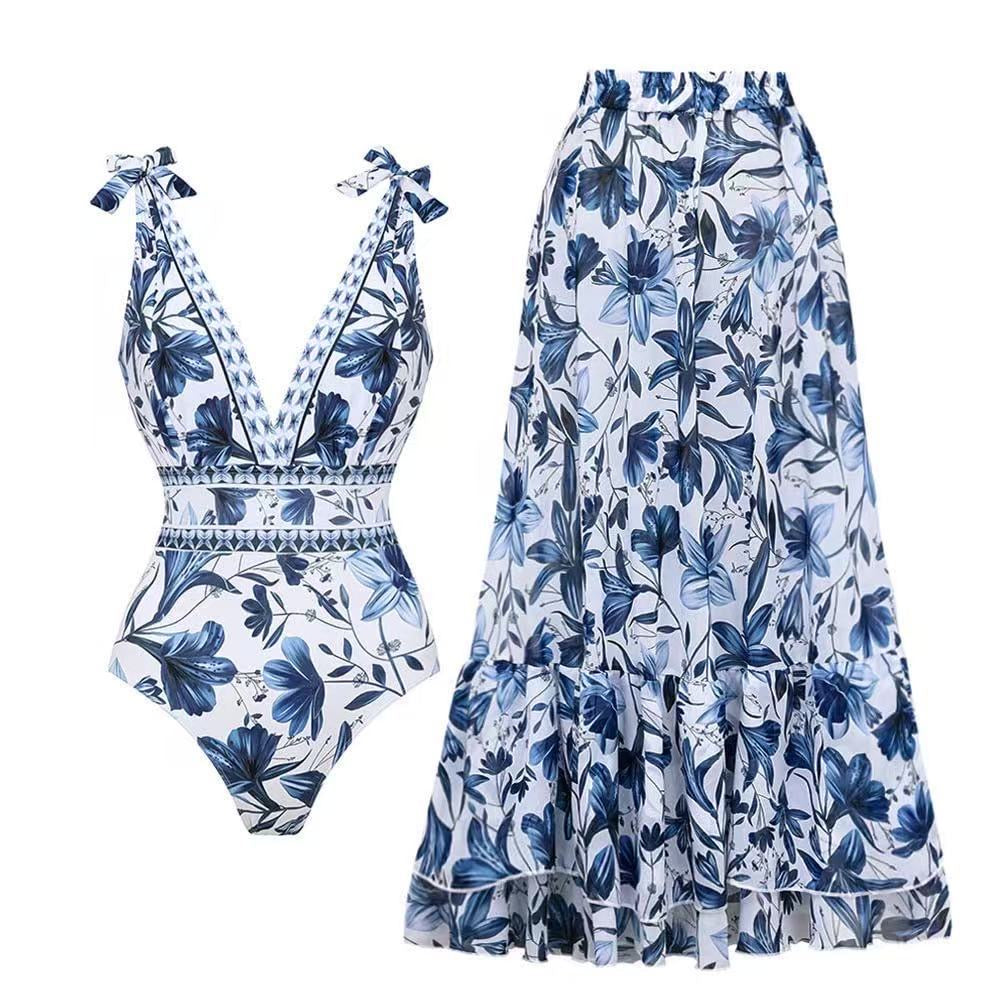 Hawai Blue Floral Monokini With Skirt Set