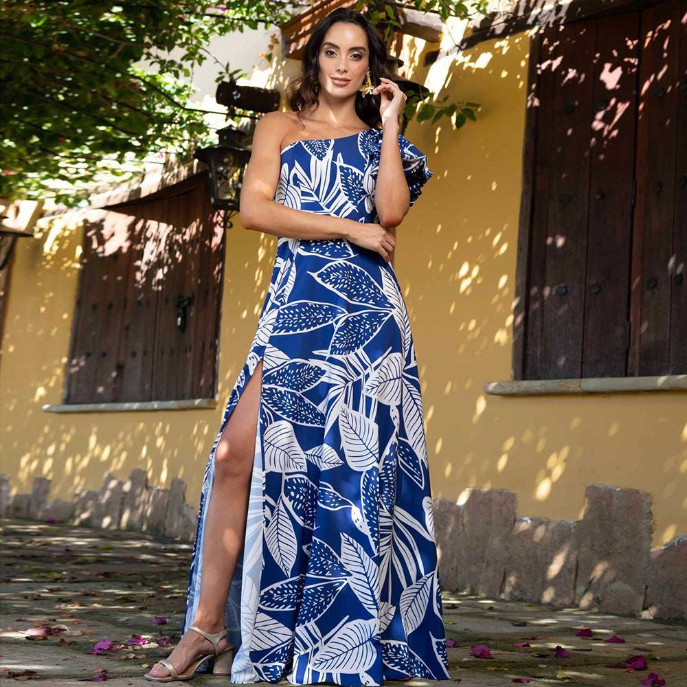 Leaf Print One Shoulder Monokini with Skirt Set