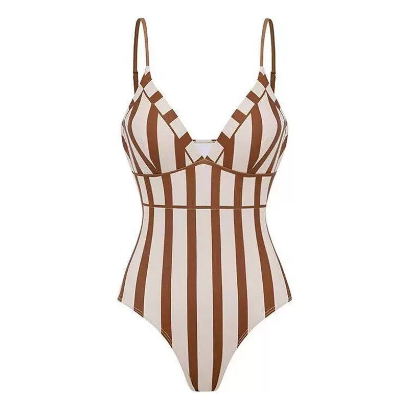 Caramel Stripe Monokini With Sarong Set