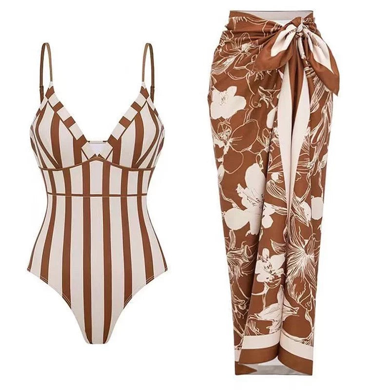 Caramel Stripe Monokini With Sarong Set