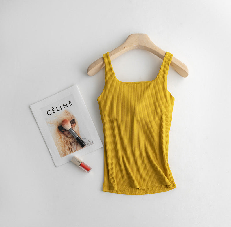 Celine Ribbed Padded Tank Top - Yellow / M