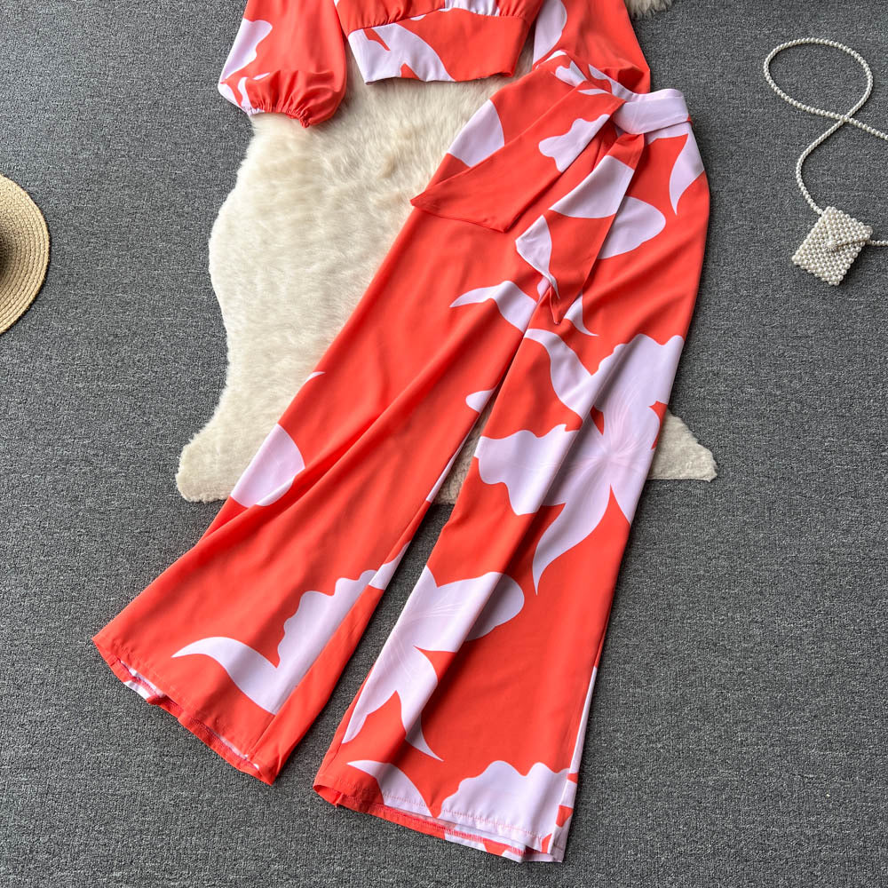 Lucuna Puff Sleeve V-Neck Top With High Waist Wide Leg Pants