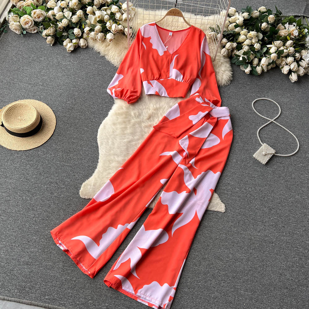 Lucuna Puff Sleeve V-Neck Top With High Waist Wide Leg Pants