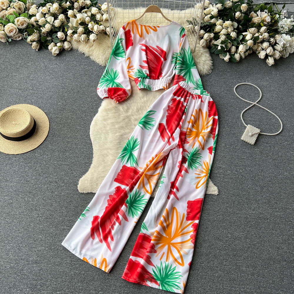 Lucuna Puff Sleeve V-Neck Top With High Waist Wide Leg Pants