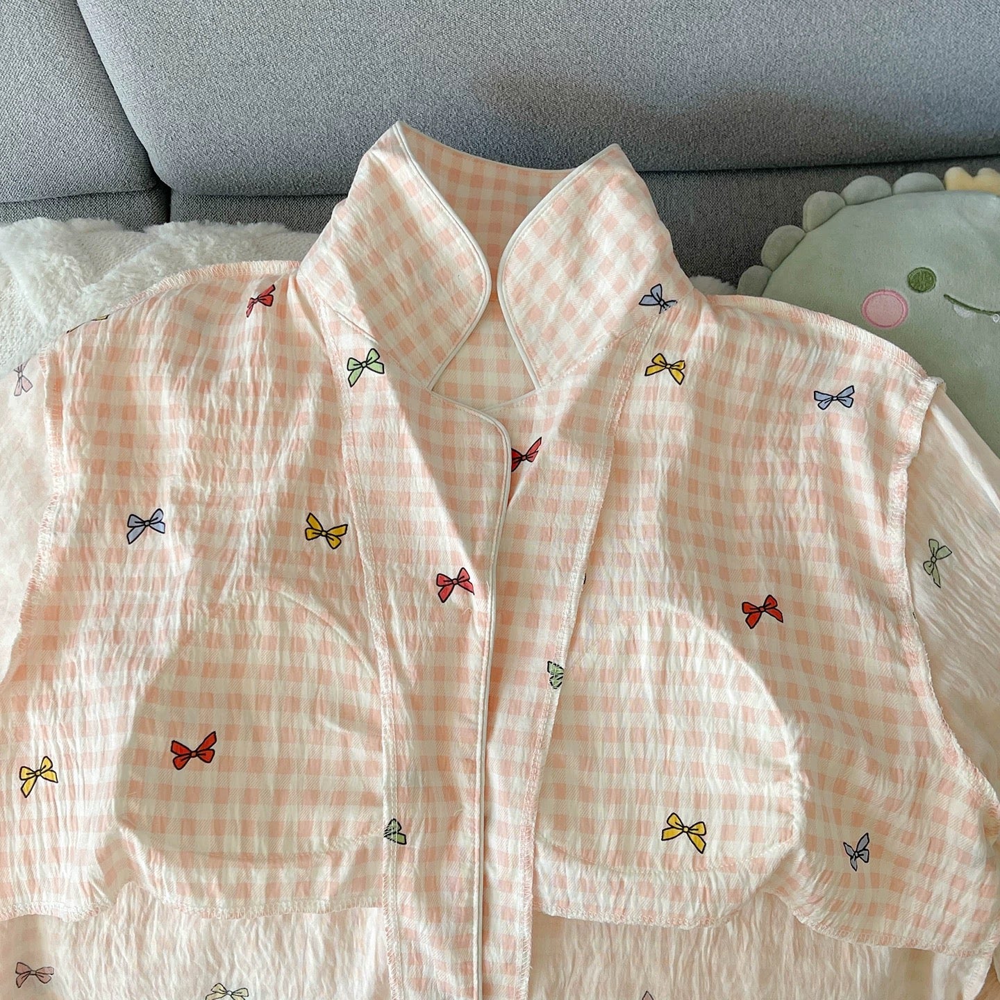 Kitty Bow Plaid Padded Nightsuit Set