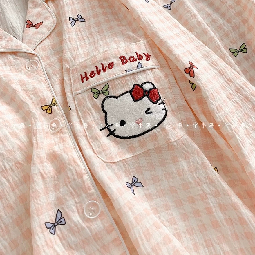 Kitty Bow Plaid Padded Nightsuit Set