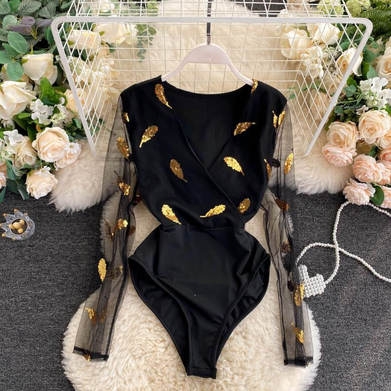 Irene Feather Sequin Bodysuit