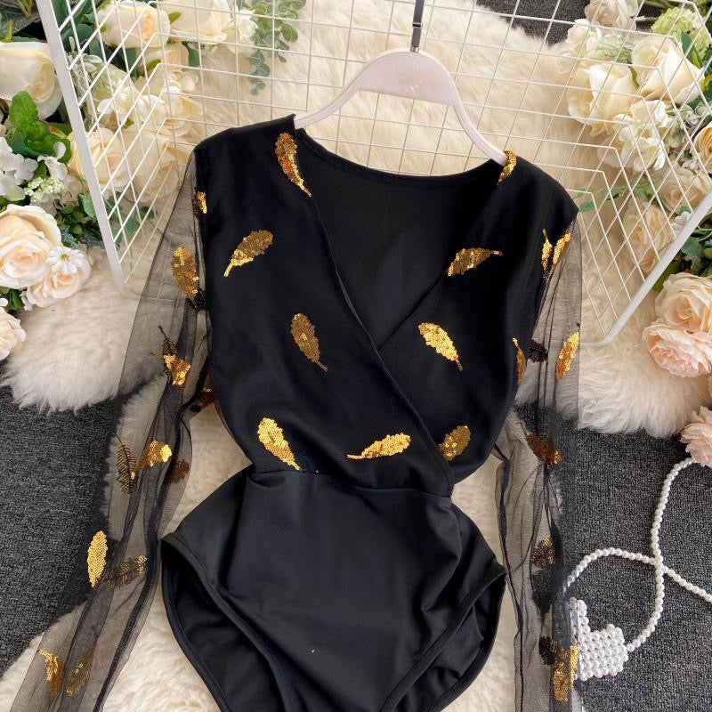 Irene Feather Sequin Bodysuit