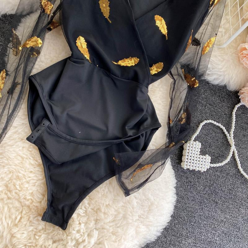 Irene Feather Sequin Bodysuit