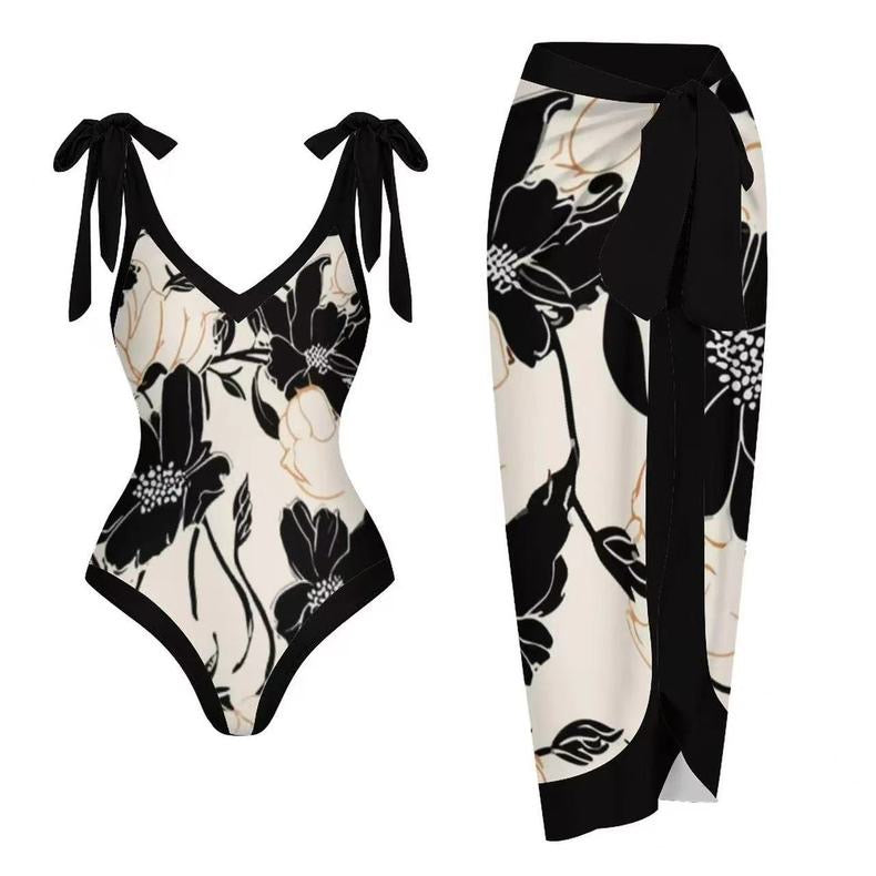 Floral Knot Shoulder Bikini And Sarong Set