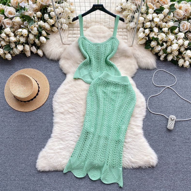 Crochet Knit Top And Skirt Set