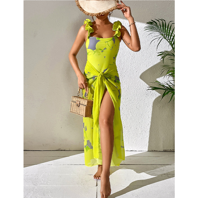 Lemon Ruffle Bikini And Sarong Set