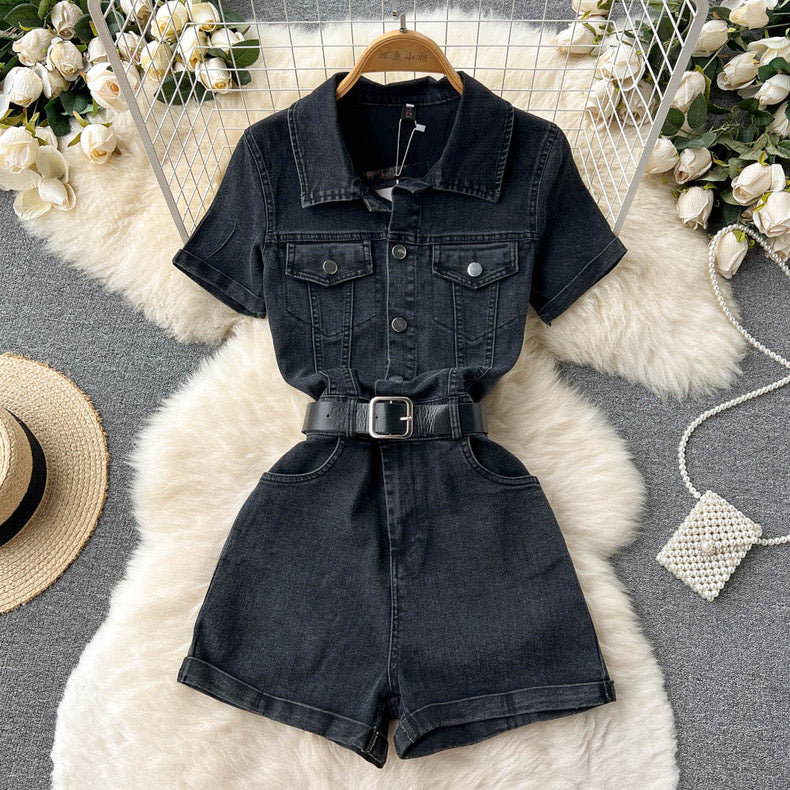 Lylian Belted Denim Romper