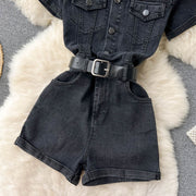 Lylian Belted Denim Romper