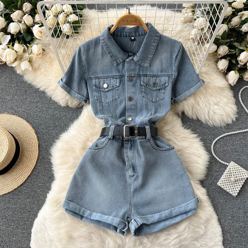 Lylian Belted Denim Romper