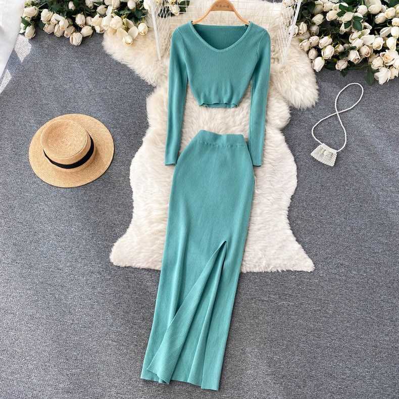 Knitted Crop Top And Slit Maxi Skirt Set