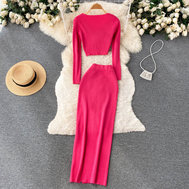 Knitted Crop Top And Slit Maxi Skirt Set