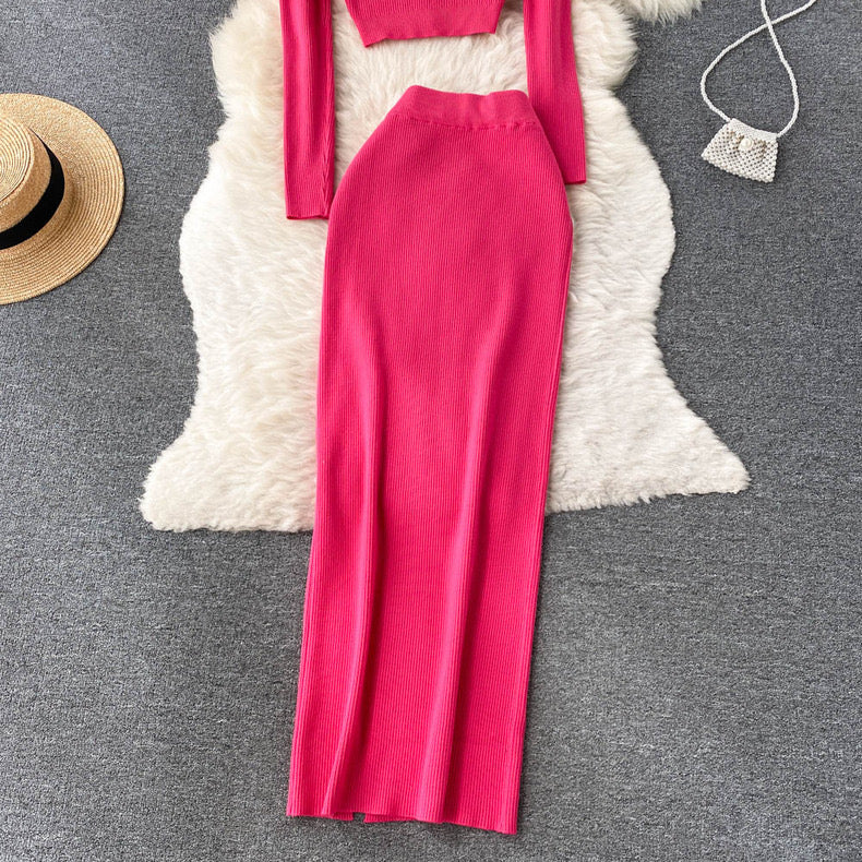 Knitted Crop Top And Slit Maxi Skirt Set