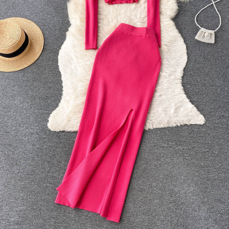 Knitted Crop Top And Slit Maxi Skirt Set