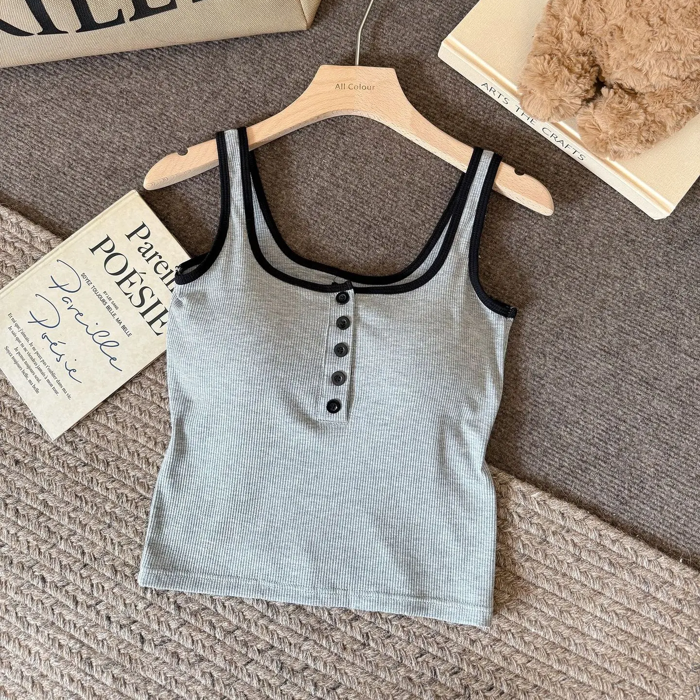 Trimmed Button-up Built-In Bra Camisole