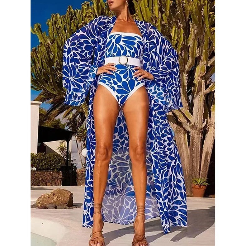 Bandeau One Piece Bikini With Long Cover Up