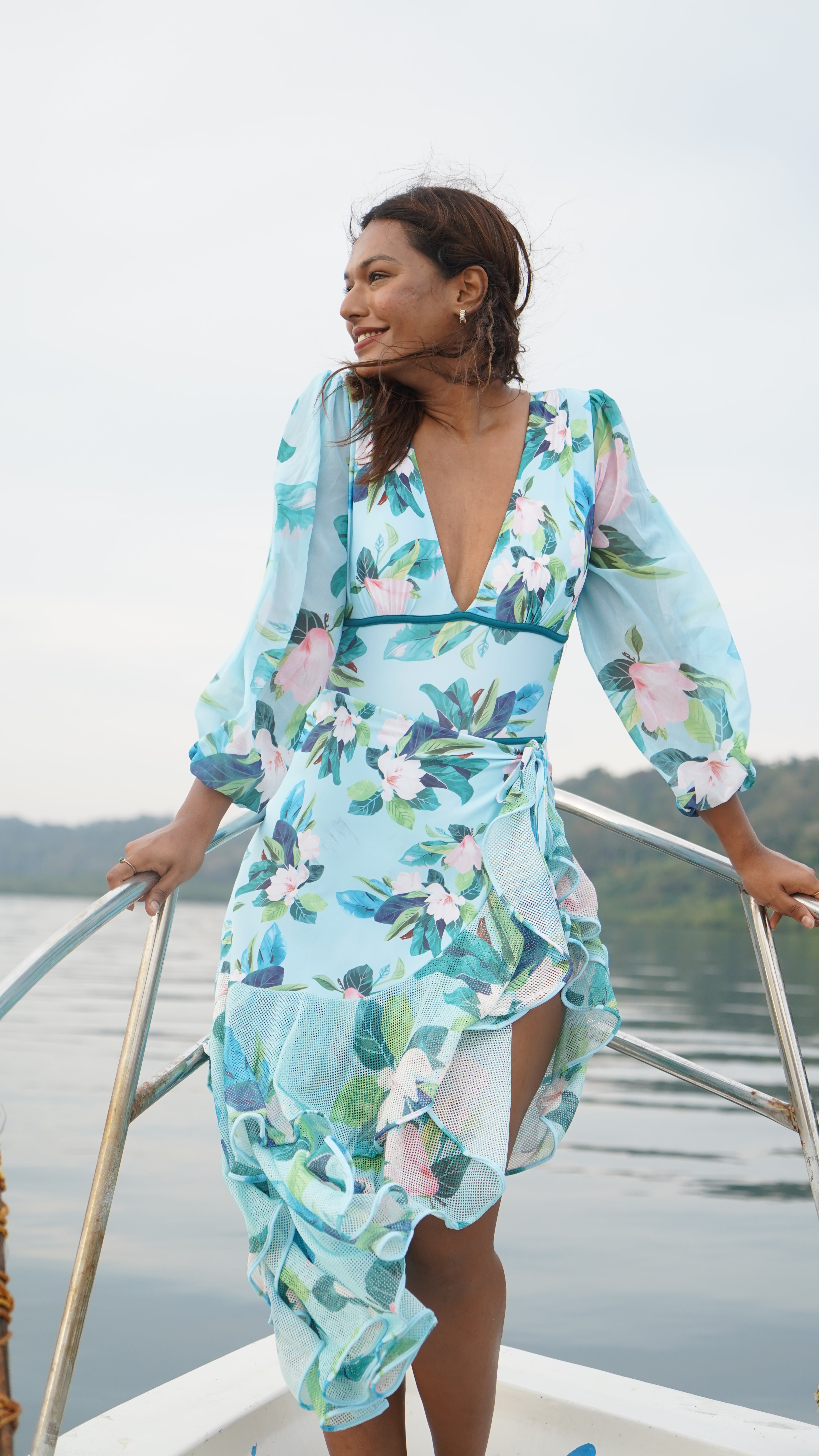 Blue Paradise Floral Monokini and Ruffle Skirt Set